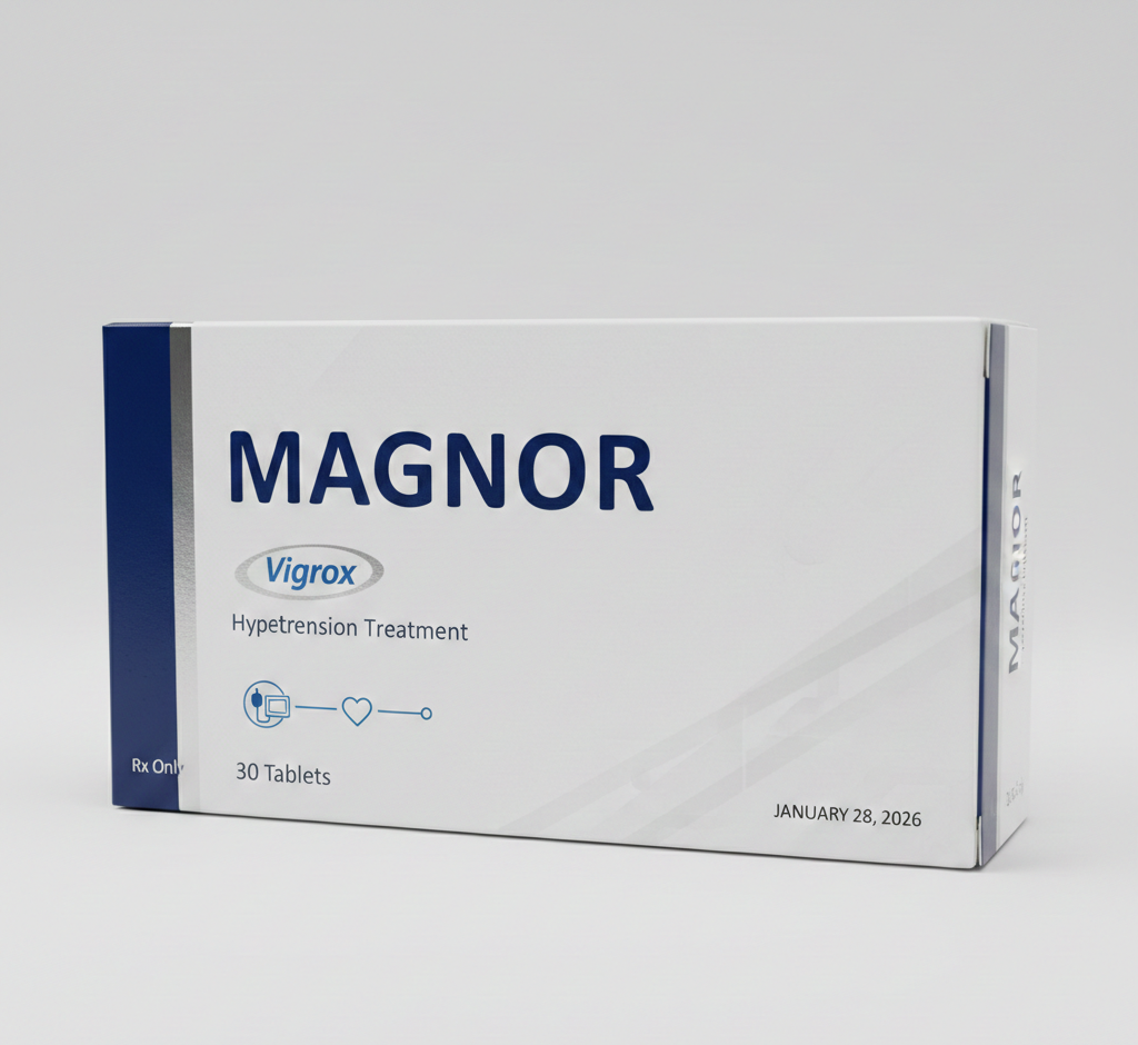 Magnor natural blood pressure supplement bottle with dark blue and silver design, professional medical packaging for men 30+, realistic product photography